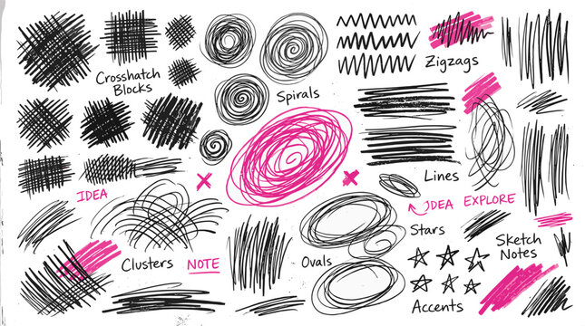 Collection of black and pink hand drawn scribbles with crosshatch blocks spirals and zigzags for creative design.