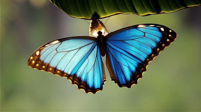 Stunning macro shot of a blue tropical butterfly emerging from its chrysalis and unfolding vibrant azure wings against a soft green bokeh