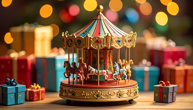 A colorful merry-go-round music box with presents