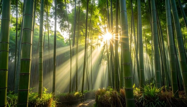 Bosque de bamb&uacute; con rayos de sol atravesando la vegetaci&oacute;n verde