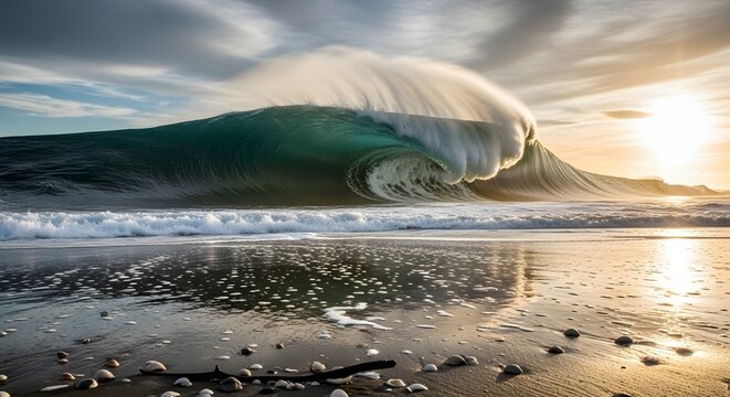 Large ocean wave crashing on sandy beach at sunset with rocks and driftwood transparent background