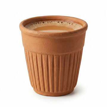 traditional indian kulhad chai in earthen clay cup isolated on white background representing authentic tea culture and beverage concept