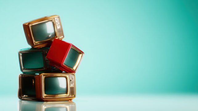 This artistic composition features a stack of retro television sets in various colors against a bright turquoise background, capturing nostalgia and the evolution of media.