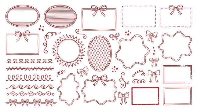 Hand drawn doodle frame collection featuring decorative bows borders ribbons and elegant vintage swirl elements.