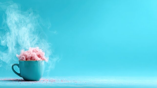 An imaginative image featuring a cup overflowing with fluffy pink cotton candy, exuding a whimsical charm and nostalgic feelings of fairs and childhood treats.