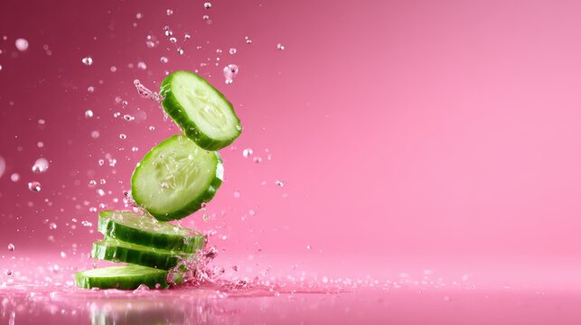 Slices of fresh green cucumber leap into the air, creating splashes in sparkling clear water. The vibrant pink background adds a playful and fresh ambiance.