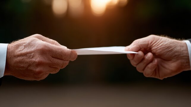 Two hands reach towards each other, exchanging an important envelope, symbolizing communication, trust, and the transfer of valuable information between individuals.