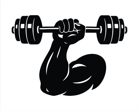 Strong Muscular Arm Holding Dumbbell in a white background. Strong arm flexing bicep holding a dumbbell