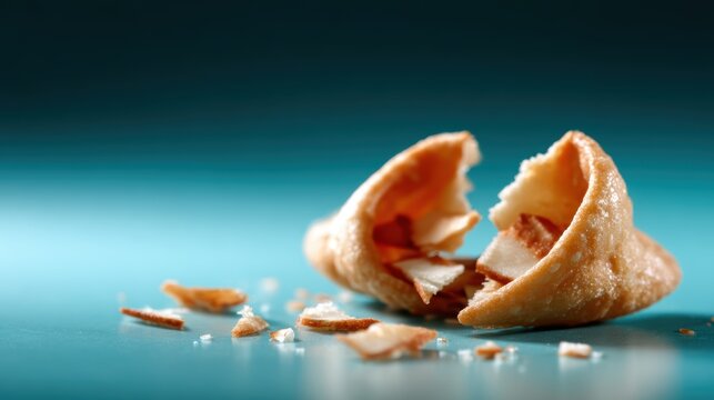 This close-up image showcases a broken fortune cookie, revealing its crumbled contents. The vibrant turquoise background highlights the delicate texture and golden color.
