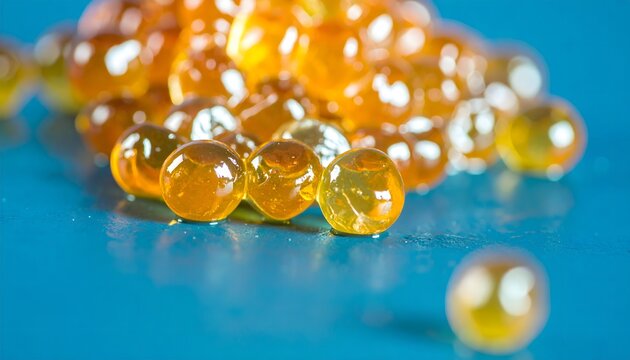 C&aacute;psulas doradas de suplemento nutricional sobre fondo azul brillante
