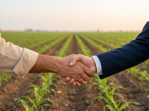 banker shaking hands with farmer in rural agricultural field representing financial inclusion farming investment and economic growth concept