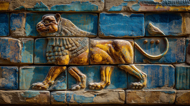 babylonian. Ancient Babylonian wall fragment with a blue glazed brick lion relief. event programs, museum guides, designed for cultural heritage projects and event programs, preserves heritage.