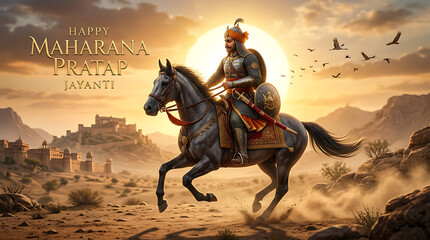 Fototapeta premium Maharana Pratap Jayanti Illustration with Warrior on Horseback