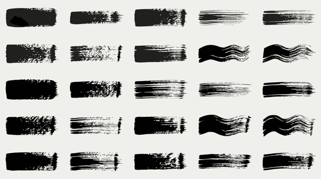 Set of black paint brush strokes and grunge ink textures for artistic design projects and creative illustrations.