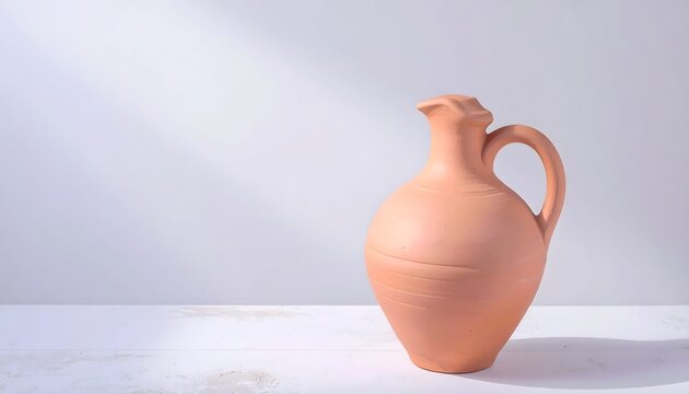 Jarra de cer&aacute;mica terracota sobre fondo claro minimalista con luz suave