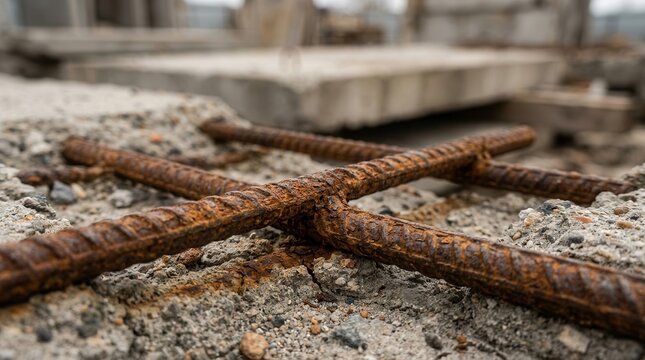 Rusted rebar embedded in concrete mortar for structural inspection and assessment.