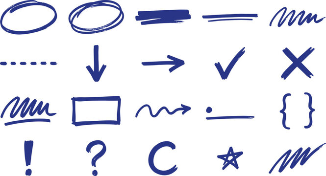Set of blue hand-drawn doodle design elements, arrows, lines, circles, and checkmarks on transparent background.