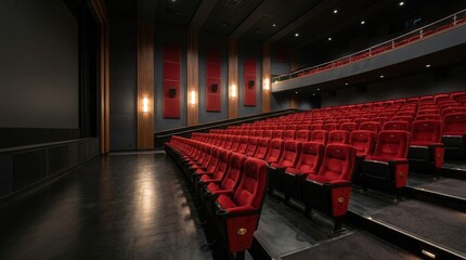 Naklejka premium Empty red cinema seats arranged in orderly rows in a modern movie theater.