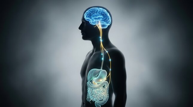 Human silhouette with illuminated brain and digestive tract showing gut brain axis.