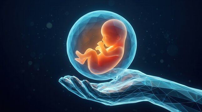 A glowing fetal model inside an amniotic sac held by a hand for prenatal genetic testing.