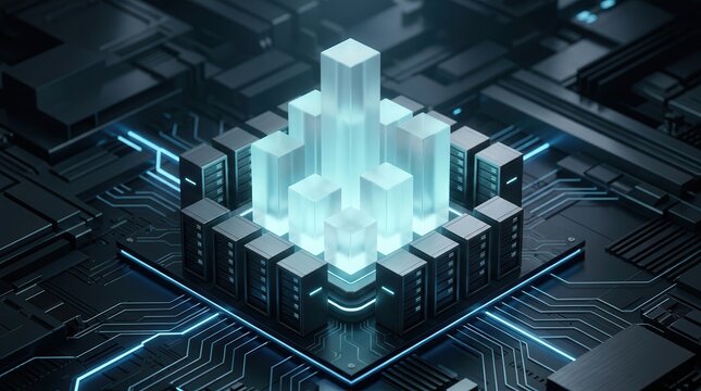 Futuristic data core on a circuit platform representing enterprise cloud model deployment.