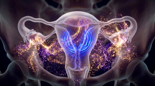 Abstract visualization of the female reproductive system with glowing particles