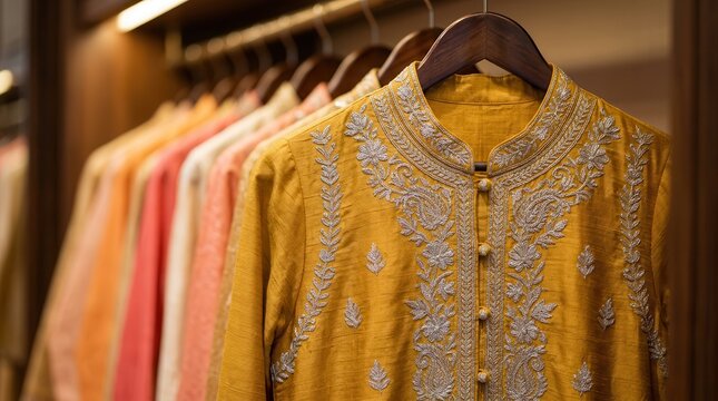 Colorful embroidered kurtis and lehengas hanging on a rack in a boutique.