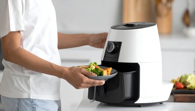 Persona cocinando verduras saludables en freidora de aire en cocina moderna