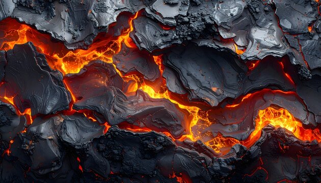Textura de lava volc&aacute;nica incandescente con roca negra agrietada y fuego interior