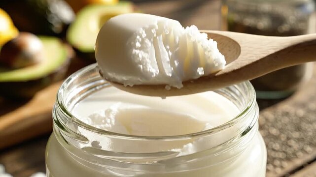Scooping organic extra virgin oil from a glass jar with a spoon