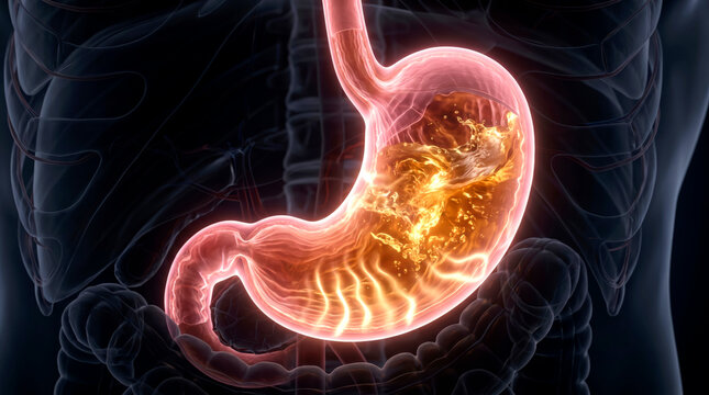 Detailed 3D visualization of the human stomach with churning digestive fluids
