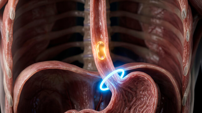 Close-up 3D render of a stomach and esophagus with a glowing capsule inside