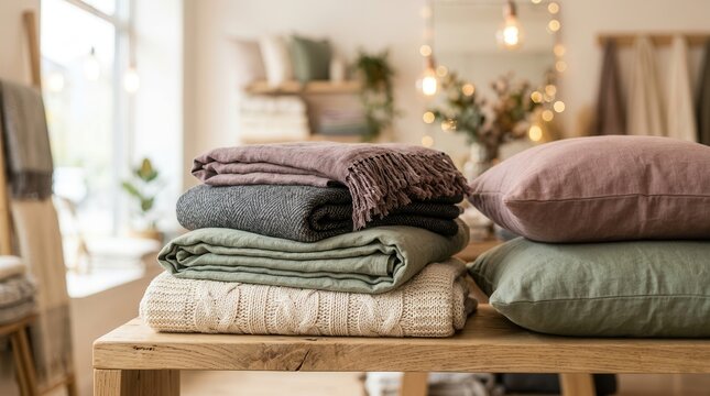 Soft pillows and folded blankets layered harmoniously on wooden shelves for home decor.