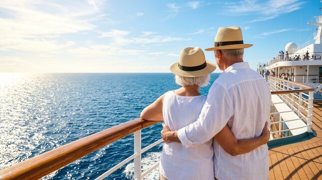 A senior couple enjoying their retirement while standing on a cruise ship deck with a beautiful ocean view.