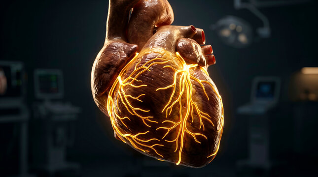 Detailed 3D anatomical visualization of a human heart with glowing coronary arteries