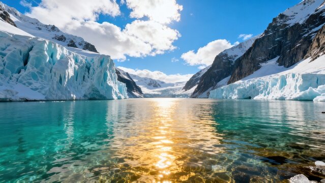 Glacier lake with icebergs and mountains