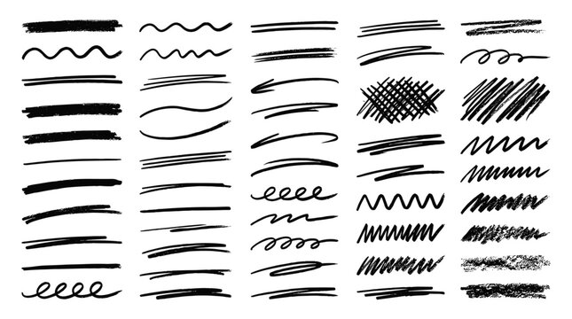 Set of hand drawn doodle brush strokes and underline lines for text highlighting and emphasis isolated on white background.