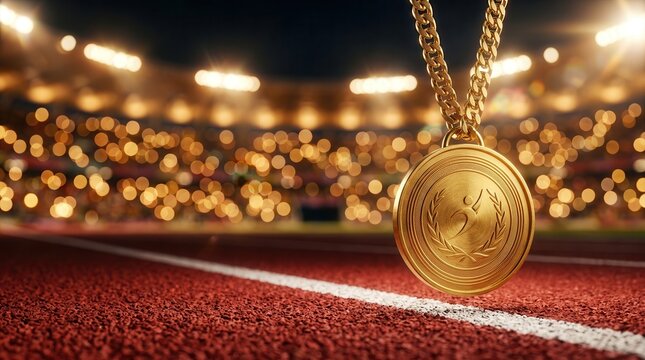 Gold medal with a chain hanging over a running track in a stadium.