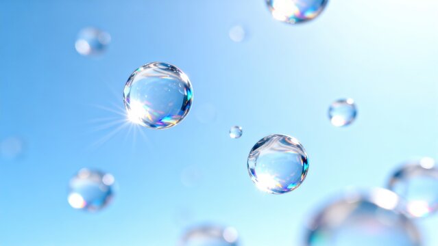 Floating transparent bubbles against blue sky