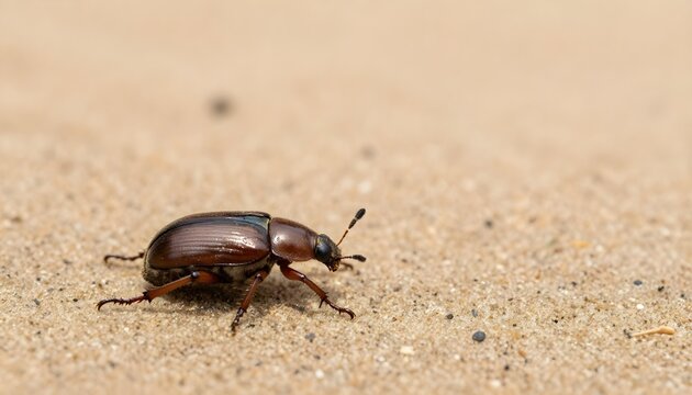 Close-up low-angle shot of a single brown beetle crawling on sandy ground