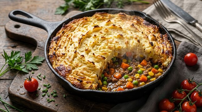 Classic English shepherd's pie with ground meat and vegetables in a cast iron skillet.