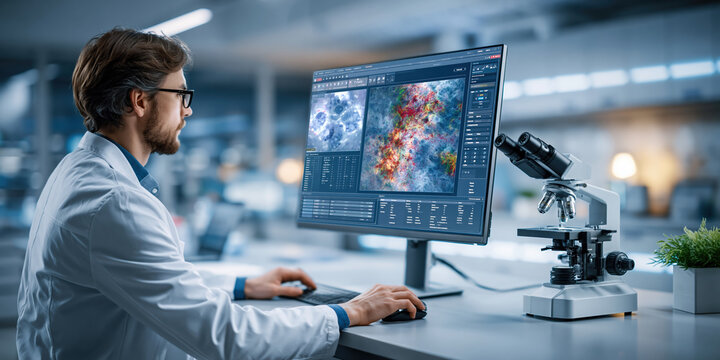Scientist uses diagnostic imaging on computer beside microscope in laboratory