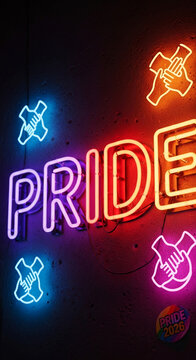 Neon lights spelling "PRIDE" in vibrant colors, with hand-shaking symbols, representing unity and celebration.