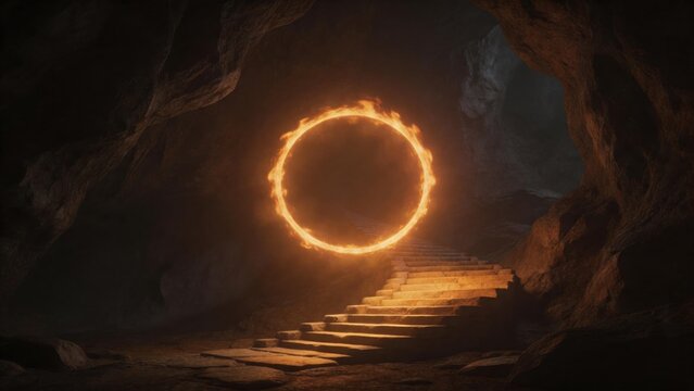 Staircase leading to fiery ring in cave