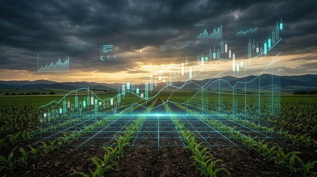 Financial charts displaying crop market trends and commodity prices over farmland.
