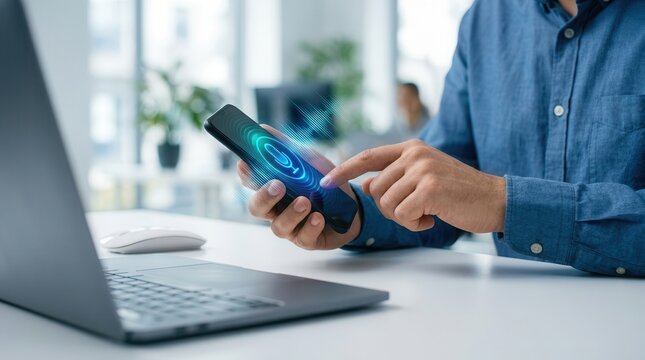 Person using a smartphone for voice recording and voice search with AI technology.