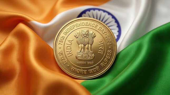 A golden coin with the Reserve Bank of India emblem rests on a draped Indian flag.