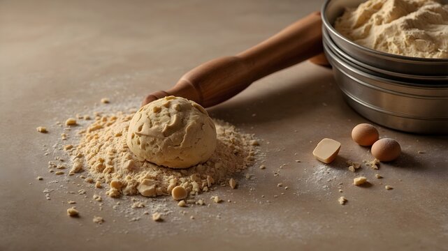 Ingredientes de panader&iacute;a con harina, masa fresca, huevos y rodillo sobre mesa r&uacute;stica