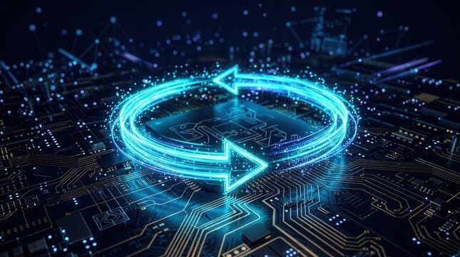 Glowing digital loop arrow over a circuit board representing data integration and process automation.