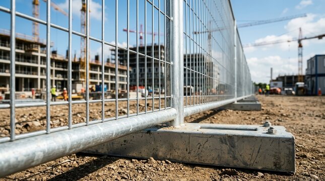 Close-up of sturdy galvanized welded wire mesh temporary fence at a construction site.